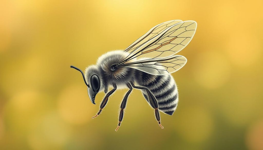 A detailed, intricate illustration of a bee symbol, rendered with exceptional realism and artistry. The bee is depicted in a lifelike manner, with delicate wings, fuzzy body, and sharp mandibles. The image is set against a serene, natural background, with soft, diffused lighting that creates a warm, inviting atmosphere. The bee's pose conveys a sense of purposeful movement, alluding to the symbolism of industriousness and productivity. The overall composition is balanced and visually striking, highlighting the beauty and significance of the bee as a symbol. Nebahat Özge Tan