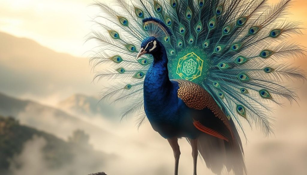 A detailed, majestic tavus kuşu (peacock) in a mystical, ethereal scene. The bird stands prominently in the foreground, its vibrant, iridescent feathers fanning out in a magnificent display. The middle ground features a serene, dream-like landscape with soft, diffused light filtering through a gentle mist. Intricate, symbolic patterns dance across the bird's plumage, hinting at the deep, profound significance of the tavus kuşu in Nebahat Özge Tan's coffee fortune telling practice. The overall atmosphere is one of wonder, magic, and spiritual contemplation.