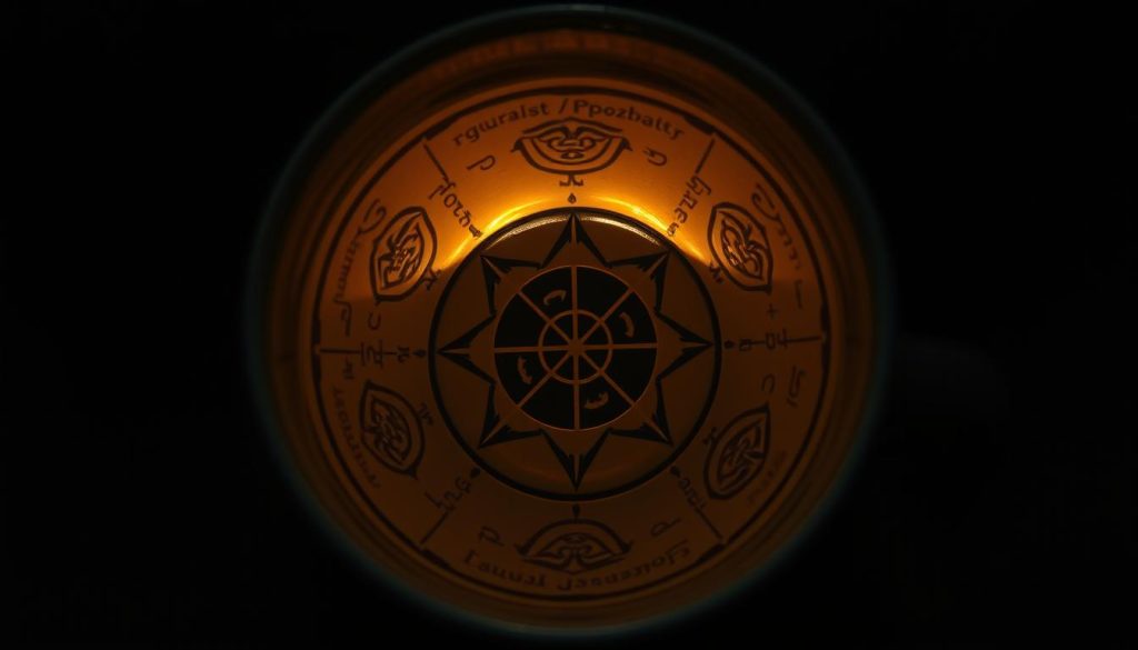 A detailed, meticulously lit image of the regions and quadrants of a traditional Turkish coffee cup, as interpreted by the renowned coffee fortune teller Nebahat Özge Tan. The cup's interior is illuminated from below, casting soft, warm shadows that highlight the intricate patterns and symbols etched into the ceramic surface. The various sections of the cup - the rim, sides, and bottom - are clearly delineated, each holding its own unique significance in the art of coffee fortune telling. The overall mood is one of mystery and divination, inviting the viewer to ponder the secrets and insights that may be revealed through the shapes and markings within the cup.