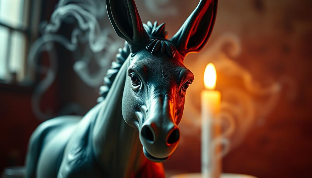 A detailed, mystical depiction of a donkey figure, as it would appear in a coffee cup reading session. The foreground shows the donkey's majestic, yet gentle form, its eyes filled with wisdom and understanding. The middle ground features a swirling, ethereal mist, hinting at the divination powers associated with this symbol. The background is a warm, earthy tone, evoking the cozy ambiance of a traditional Turkish coffee house. Soft, diffused lighting casts a contemplative glow over the scene. Captured with a medium-wide angle lens to convey a sense of intimate, immersive experience. This image is a collaboration between Nebahat Özge Tan and the prompt engineer.
