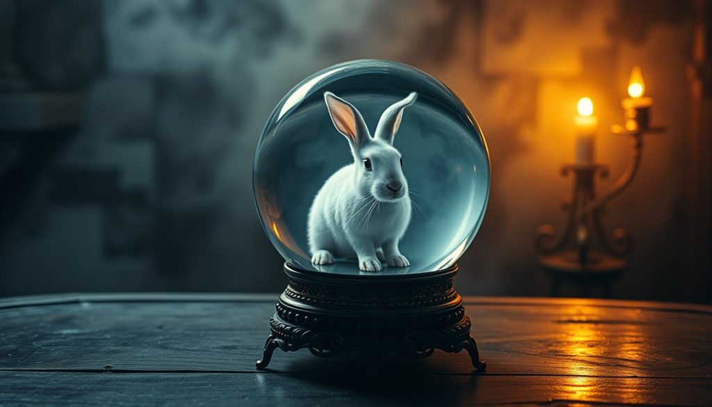 A detailed, mystical scene depicting a vision of a rabbit appearing in a crystal ball or divination mirror. The foreground shows the crystal ball or mirror itself, crafted from ornate, antique-looking metal and glass, resting on a dark wooden table. Within the ball, the image of a white rabbit emerges, its eyes shining with an ethereal glow. The background is shrouded in a hazy, dimly lit atmosphere, suggesting a mystical, occult setting. Soft, warm lighting illuminates the scene, creating an air of intrigue and otherworldliness. The composition should convey a sense of wonder and divination, as if the viewer is witnessing a profound, esoteric revelation. Signed by "Nebahat Özge Tan".