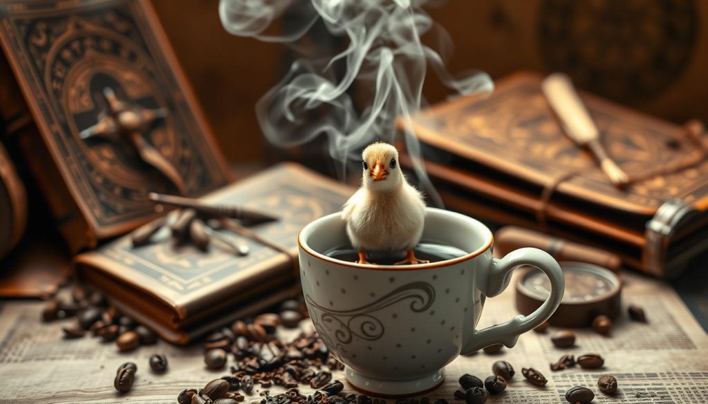A detailed, mystical scene depicting the cultural symbolism of the chick motif in Turkish coffee fortune-telling. In the foreground, a delicate porcelain cup filled with freshly brewed kahve, its surface dotted with swirling patterns of coffee grounds. Emerging from the cup, a small, soft-feathered chick with gentle eyes, representing new beginnings and positive omens. In the middle ground, wispy tendrils of steam rise, creating an ethereal, otherworldly atmosphere. The background is filled with ancient, leather-bound tomes, quills, and astrological symbols, hinting at the deep-rooted traditions and divination practices surrounding this iconic Turkish cultural symbol. Warm, muted tones throughout, with a touch of golden light, lending an air of reverence and timelessness. Photograph by Nebahat Özge Tan.