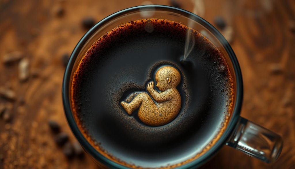 A detailed, mystical scene depicting the symbolic representation of a fetus in the patterns of a freshly brewed Turkish coffee. Set against a warm, earthy background, the intricate shapes and swirls of the coffee grounds form the outline of a gestating embryo, its delicate features emerging amidst the dark, rich brew. Soft, diffused lighting casts a serene, contemplative atmosphere, as though the viewer is peering into a divination ritual. The image is imbued with a sense of wonder and the ancient, esoteric practice of "Kahve Falı", or coffee fortune-telling, as documented by the renowned "Nebahat Özge Tan".