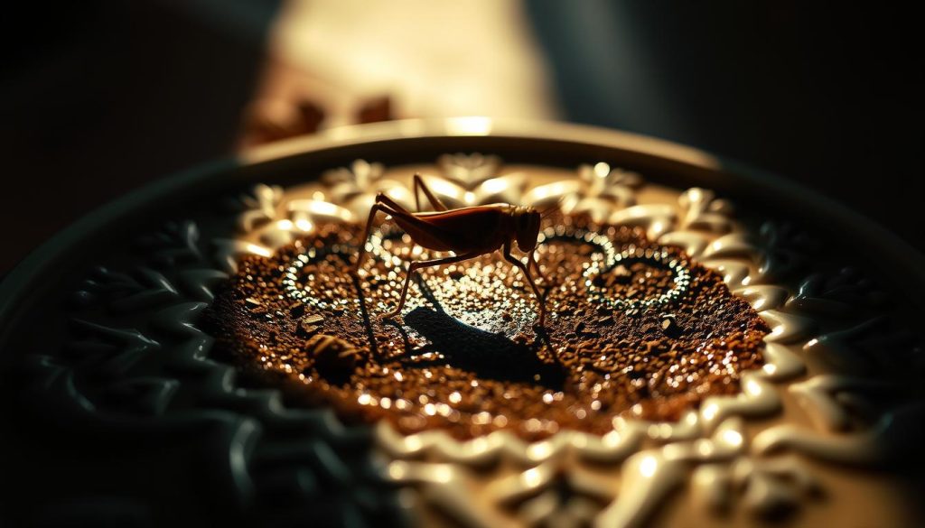 A detailed, mystical scene of a coffee cup with a grasshopper emerging from the grounds, casting intriguing shadows and reflections across the ceramic surface. The grasshopper's form is partially obscured, hinting at hidden meanings and a sense of anticipation. Muted, warm lighting illuminates the intricate patterns of the cup, creating a sense of depth and atmosphere. The overall composition evokes a sense of curiosity and contemplation, inviting the viewer to decipher the symbolic significance of the grasshopper's presence. Nebahat Özge Tan