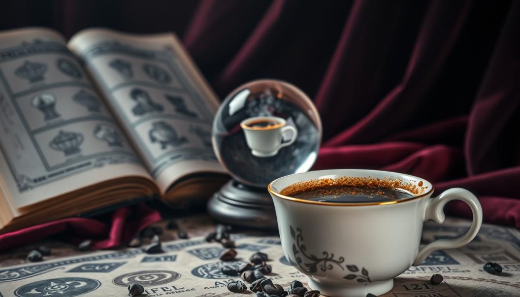 A detailed, mystical still life of a "kahve falı" (coffee fortune-telling) scene. In the foreground, a porcelain cup filled with freshly brewed Turkish coffee, the grounds swirling within. Behind it, an open book with pages depicting enigmatic coffee cup symbols and illustrations. In the middle ground, a crystal ball reflecting the cup, its surface revealing hazy, otherworldly visions. In the background, a draped, velvet-like fabric in deep, saturated colors, evoking the mysterious, timeless nature of this ancient divination practice. Soft, dramatic lighting casts an atmospheric, chiaroscuro effect, heightening the sense of mysticism. The overall mood is one of intrigue, curiosity, and the unknown. Brand name: Nebahat Özge Tan.