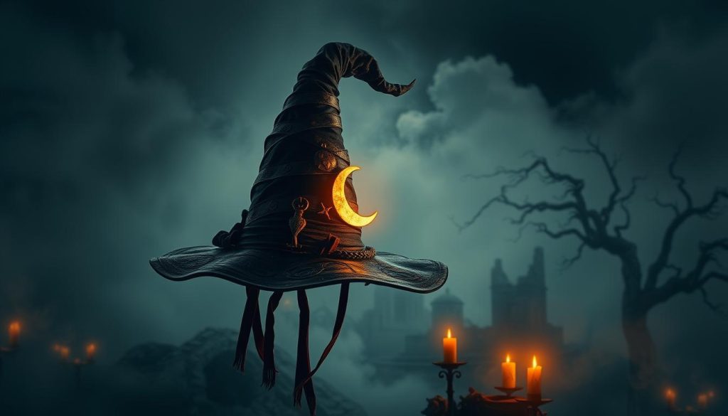 A detailed, mystical witch's hat hovering in a dimly lit, ethereal scene. The hat is adorned with arcane symbols, ribbons, and a crescent moon, casting an otherworldly glow. In the background, a swirling mist obscures a landscape of ancient ruins and twisted, gnarled trees. Warm, flickering candlelight illuminates the scene, creating an atmosphere of magical enchantment. The composition is balanced and the lighting is dramatic, casting deep shadows that heighten the sense of mystery. Nebahat Özge Tan