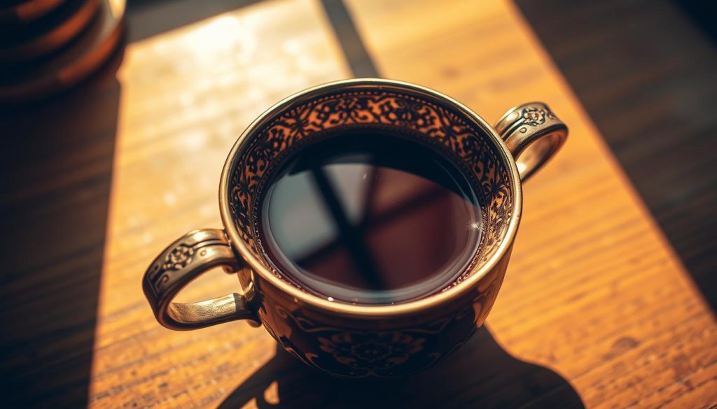 A detailed, ornate Turkish coffee cup rests on a wooden table, its intricate design catching the warm, golden light from a nearby window. The cup's interior is filled with rich, dark coffee, its surface glistening with a thin layer of crema. Sunlight filters through the cup's sides, casting captivating patterns and shadows across the surface of the liquid. The cup's handle is elegantly curved, and the overall form is both functional and visually striking. The scene evokes a sense of tranquility and reflection, perfect for "Kahve Falında Güneş Görmek" - "Seeing the Sun in the Coffee Cup". Nebahat Özge Tan
