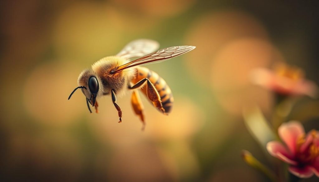 A detailed, realistic interpretation of a honey bee in a natural setting. Showcasing the intricate details of the bee's body and wings, captured in a close-up view with a shallow depth of field. The bee should be suspended in mid-flight, its compound eyes and proboscis clearly visible. Soft, warm lighting illuminates the scene, with a blurred, hazy background suggesting a lush, floral environment. The overall mood should be one of tranquility and contemplation, inviting the viewer to ponder the significance of the bee's appearance in Nebahat Özge Tan's "Kahve Falında Arı Görmek" article.
