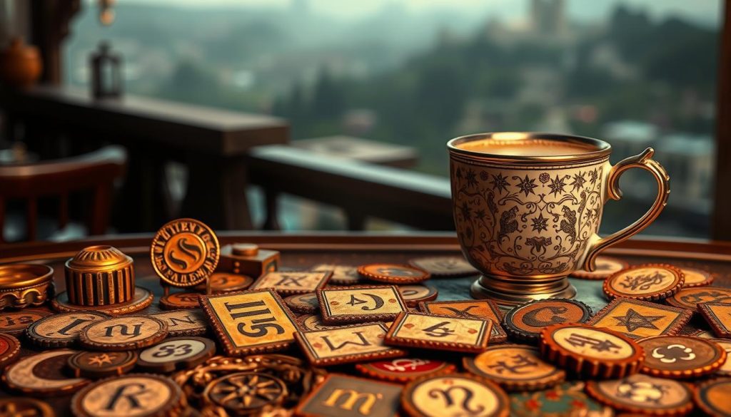 A detailed, richly textured scene of traditional Turkish coffee cup fortune-telling symbols. The foreground features a variety of iconic shapes and patterns - crescents, stars, letters, numbers, and other mystical signs, meticulously rendered in warm, earthy tones. The middle ground showcases an ornately decorated coffee cup, its surface reflecting the symbolic designs. In the background, a hazy, dreamlike landscape evokes the atmospheric ambiance of a cozy Turkish café. Soft, diffused lighting and a muted color palette imbue the composition with a sense of timeless, contemplative wonder. Nebahat Özge Tan