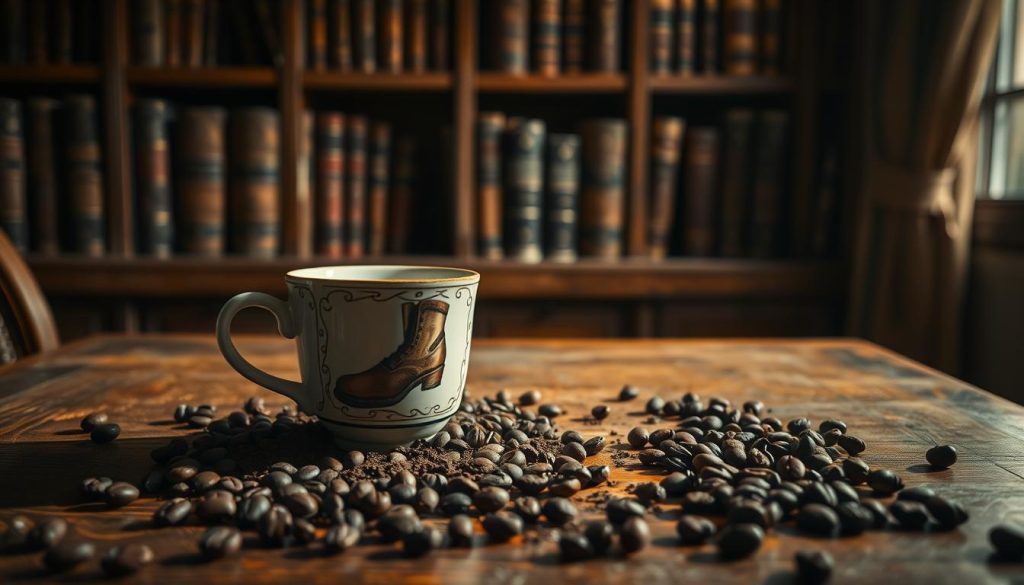 A detailed still life depicting the symbol of a boot in a coffee grounds reading. The image is set in a cozy, dimly lit interior, with soft, warm lighting illuminating the scene. In the foreground, a delicate, hand-painted ceramic cup filled with freshly brewed Turkish coffee sits on a wooden table, surrounded by scattered coffee beans. The boot symbol emerges from the swirling patterns in the coffee grounds, casting an intriguing shadow on the table's surface. The background features a bookshelf filled with antique volumes, adding to the sense of tradition and history. The overall mood is contemplative and mystical, inviting the viewer to ponder the meaning of the symbolic boot. Nebahat Özge Tan's unique artistic style is evident in the rich, textural details and the evocative atmosphere.