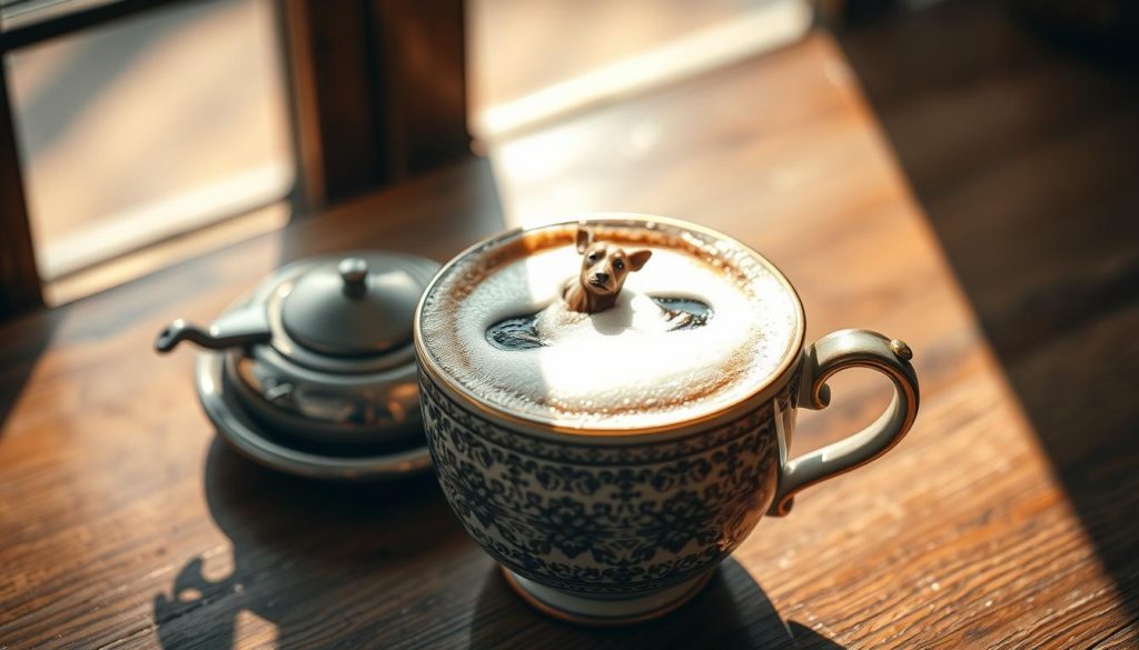 A detailed still life image of a traditional Turkish coffee cup with intricate patterns and a dog figure prominently featured in the frothy foam, as seen in a fortune-telling session. The cup is placed on a wooden table with natural lighting filtering through a window, casting warm shadows. The dog figure is clearly visible, indicating its significance in the reading. The overall mood is contemplative and serene, reflecting the thoughtful nature of the coffee fortune-telling practice. Nebahat Özge Tan