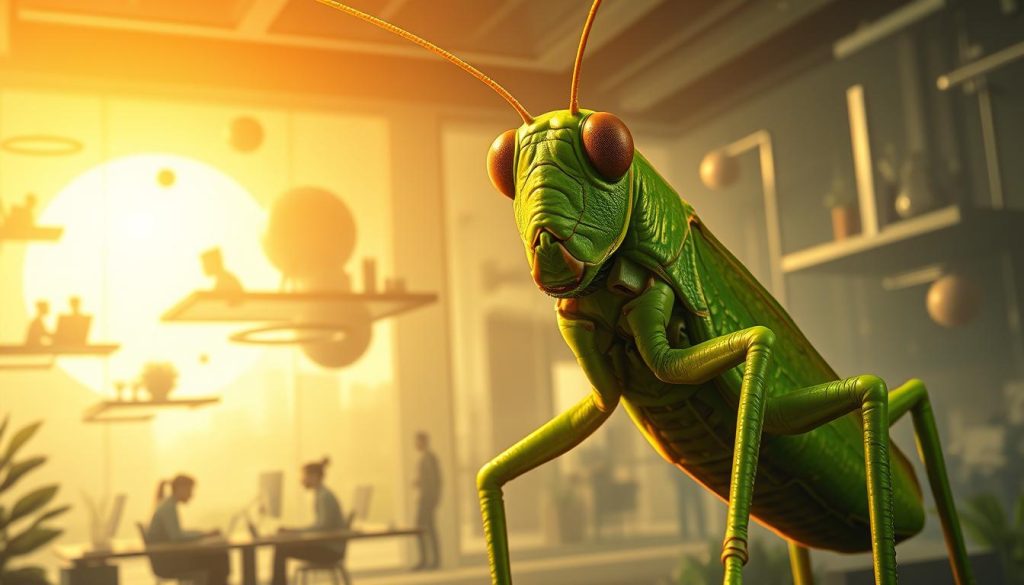 A detailed, surreal scene depicting the symbolic meaning of a grasshopper in the context of work and career. In the foreground, a larger-than-life grasshopper stands tall, its vibrant green exoskeleton shimmering under a warm, golden light. The grasshopper's eyes are piercing and focused, conveying a sense of determination. In the middle ground, a bustling office environment unfolds, with abstract shapes and silhouettes of people working diligently. The background features a dreamlike, ethereal landscape, with floating platforms and structures that create a sense of ambiguity and possibility. The overall mood is one of inspiration, growth, and the adaptability required to navigate the challenges of the professional world. Nebahat Özge Tan.
