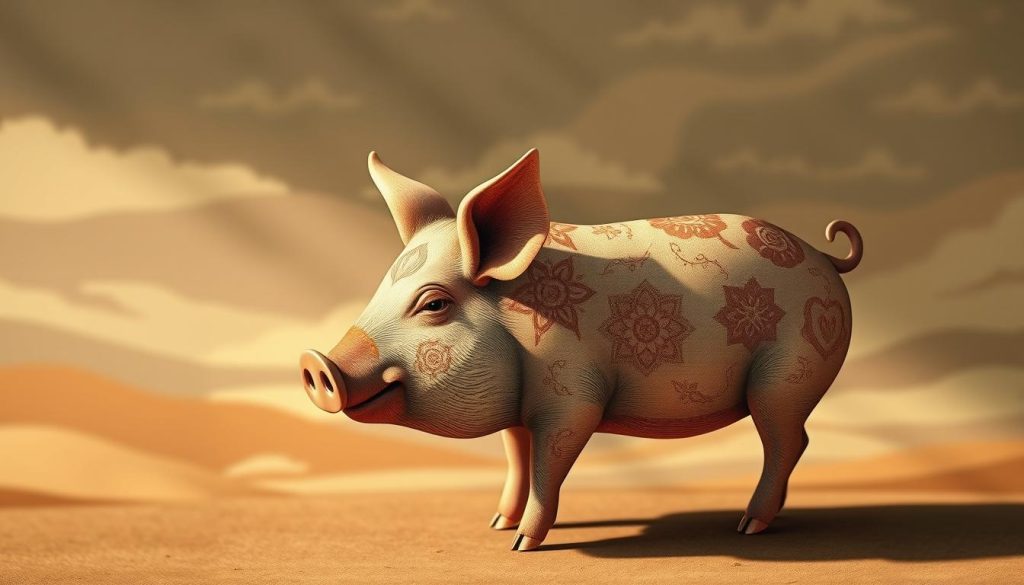 A detailed symbolic representation of a pig in a traditional Turkish folk art style. The pig is portrayed in the foreground with a serene, contemplative expression, rendered in warm, earthy tones. The middle ground features delicate patterns and motifs inspired by Anatolian textiles, creating a rich, cultural context. The background depicts a dreamlike, abstract landscape of muted hues, evoking a sense of tradition and mysticism. Soft, diffused lighting casts gentle shadows, adding depth and dimension to the scene. Nebahat Özge Tan