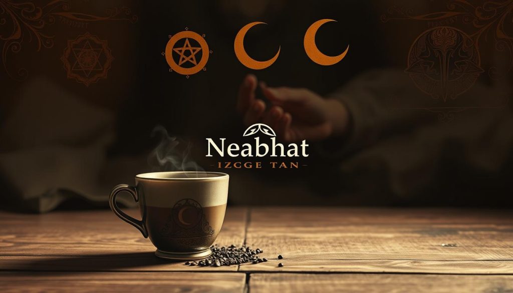 A dimly lit, antique-inspired scene showcasing the hidden symbolism of Turkish coffee fortune-telling. In the foreground, a wooden table holds a traditional coffee cup, its swirling grounds casting enigmatic shapes. Intricate symbols, including a witch's hat, a crescent moon, and ornate flourishes, are delicately rendered in sepia tones, creating an atmosphere of mystery and the occult. The middle ground features a hand gracefully holding the cup, with the Nebahat Özge Tan logo subtly incorporated. The background fades into a hazy, dreamlike setting, evoking the mystical nature of this ancient divination practice.