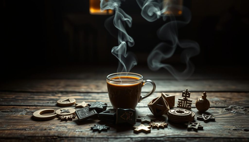 A dimly lit, atmospheric scene depicting the symbolic world of Turkish coffee fortune-telling. In the foreground, a collection of traditional coffee cup symbols, such as the crescent moon, hearts, stars, and geometric shapes, are artfully arranged on a weathered wooden surface. The middle ground features a steaming cup of freshly brewed Turkish coffee, its fragrant steam swirling upwards. In the background, a softly lit, earthy-toned backdrop evokes the timeless tradition of this ancient practice. The overall mood is one of mysticism and introspection, inviting the viewer to explore the hidden meanings behind these captivating symbols. Nebahat Özge Tan