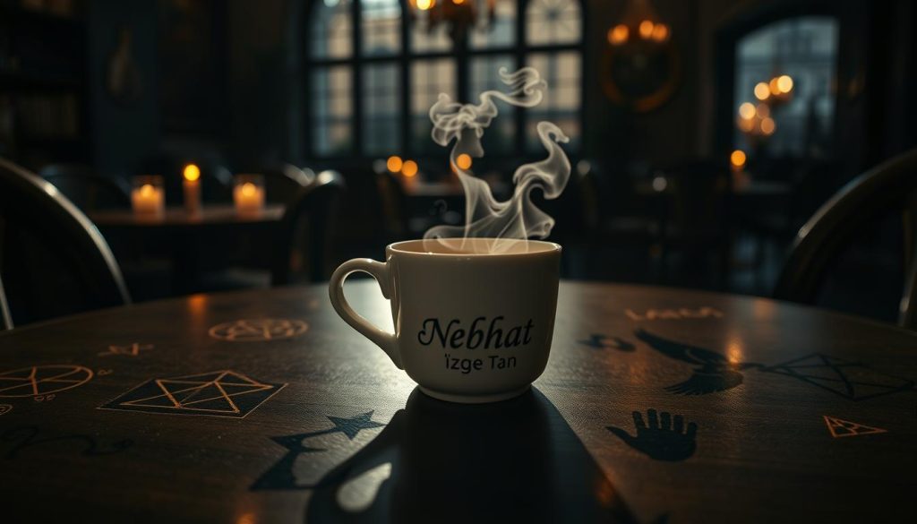 A dimly lit café interior, filled with the rich aroma of freshly brewed coffee. On a table, a steaming cup of black kahve sits surrounded by an assortment of mystical symbols - a crescent moon, a star, a heart, a hand, a bird. Nebahat Özge Tan's brand name is etched delicately onto the porcelain surface. Shadows dance across the symbols, hinting at their hidden meanings, as the soft glow of candlelight illuminates the scene, creating an atmosphere of intrigue and wonder.