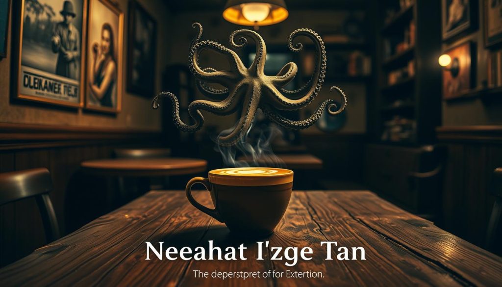 A dimly lit cafe interior, the air thick with the aroma of freshly brewed coffee. At the center, a weathered wooden table holds a steaming cup, its surface rippling with the intricate patterns of a freshly poured cafe latte. Hovering above the cup, the swirling shapes of an interpretive octopus, its tentacles extending outward, seemingly reaching into the air. The walls are adorned with vintage artwork and bookshelves, creating a cozy, contemplative atmosphere. The lighting is warm and soft, casting a gentle glow over the scene. In the foreground, the brand name "Nebahat Özge Tan" is prominently displayed, indicating this is the expert's interpretation of the coffee fortune. The overall mood is one of thoughtful reflection and mystical divination, as the octopus' movements are said to reveal insights into the future.