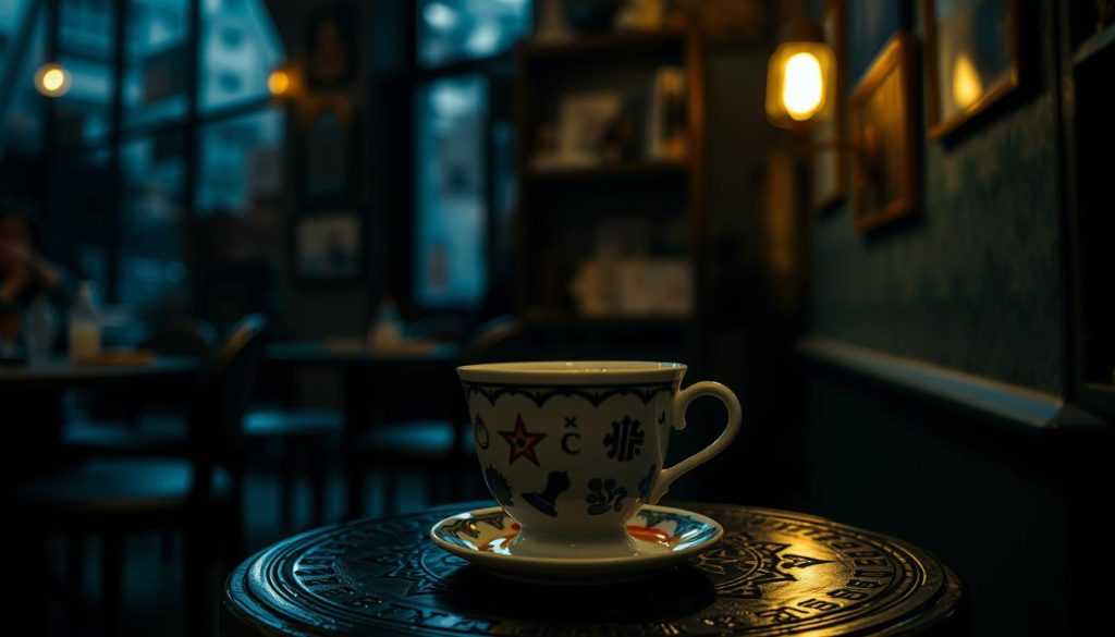 A dimly lit café interior, the air thick with the aroma of freshly brewed coffee. On a small table, a delicate porcelain cup holds the remnants of a freshly poured Turkish coffee, its surface adorned with intricate symbols and shapes. Nebahat Özge Tan's expert hand has left its mark, each symbol a unique story waiting to be interpreted. The soft glow of vintage lamps casts a warm, contemplative atmosphere, inviting the viewer to ponder the mysteries of the "Kahve Falı" and its profound connection to the human experience.