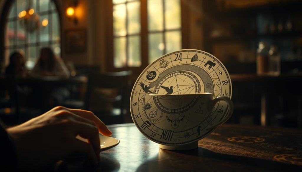 A dimly lit cafe interior, the air thick with the aroma of freshly brewed kahve. On the table, a delicate porcelain cup sits, its surface swirled with intricate symbols and patterns. A hand carefully traces the lines, revealing the hidden meanings of the "kahve falı" - the coffee fortune. Symbols of nature, like a graceful bird in flight, intermingle with esoteric shapes, hinting at the mysteries of the universe. The lighting is soft and warm, casting a dreamlike glow over the scene. The artist, Nebahat Özge Tan, has captured the timeless allure of this ancient divination practice, inviting the viewer to peer into the captivating world of "Kahve Falı ve Semboller Dünyası".