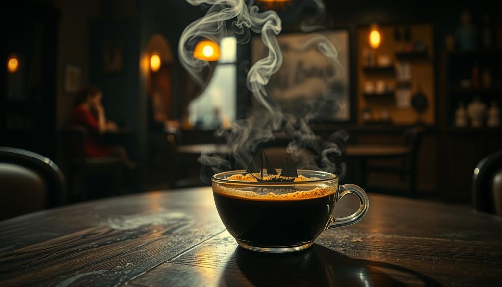 A dimly lit cafe interior, with a cozy, intimate atmosphere. On the table, a steaming cup of freshly brewed Turkish coffee, its aromatic steam rising. The coffee grounds swirl and settle, revealing the silhouette of a majestic ship, its sails unfurled, gently cutting through the dark, mystical waters of the coffee's surface. The scene is captured through a soft, vintage lens, evoking a sense of timelessness and a touch of the supernatural. The image bears the signature of Nebahat Özge Tan, a renowned coffee fortune teller, hinting at the profound insights that can be drawn from this captivating vision.