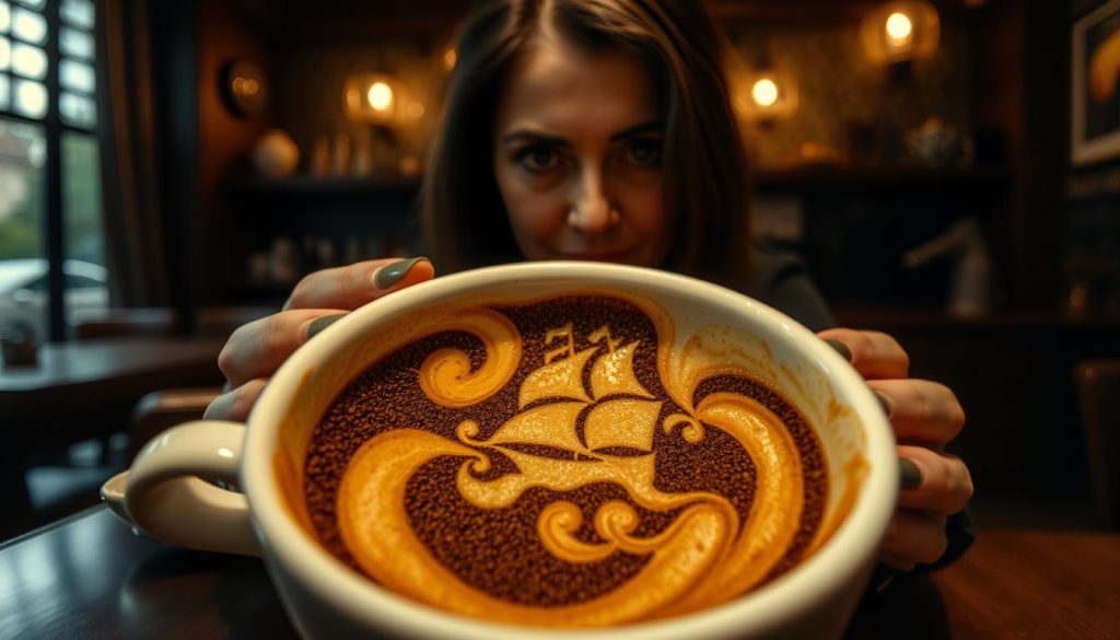 A dimly lit café, rich with the aroma of freshly brewed kahve. In the center, an expert interpreter, Nebahat Özge Tan, carefully examines the patterns and shapes that emerge from the coffee grounds. Her gaze is intent, her expression thoughtful, as she unveils the hidden narrative within the cup. Amidst the swirling, amorphous shapes, a ghostly ship appears, its sails billowing in an unseen wind. Nebahat's experienced eye discerns the symbolism, weaving a tale of exploration, adventure, and the unpredictable currents of life. The image exudes a sense of mystery and wonder, inviting the viewer to ponder the deep insights that can be found in the most unassuming of places.