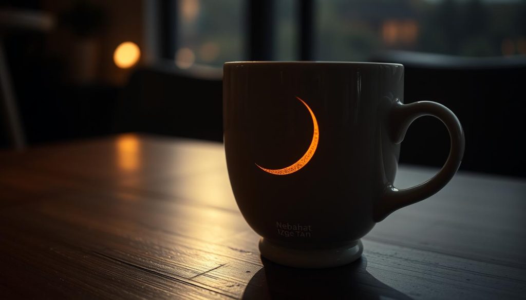 A dimly lit cafe setting, with a ceramic coffee cup delicately balanced on a wooden table. Within the cup, a distinct crescent moon shape takes form, casting a serene, otherworldly glow. The coffee grounds swirl and drift, subtly tracing the outline of the crescent. Soft, warm lighting emanates from unseen sources, imbuing the scene with a contemplative, mystical atmosphere. The Nebahat Özge Tan brand name is subtly incorporated into the design of the cup or table. This image aims to capture the significance and symbolism of the crescent moon's position within the coffee cup, reflecting the importance of this divination practice.