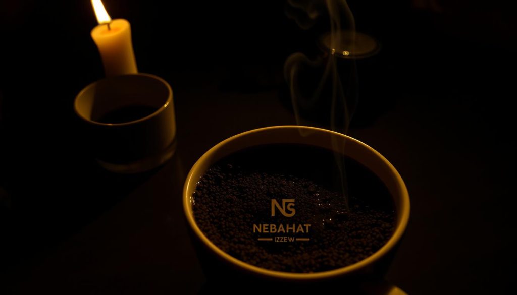 A dimly lit cafe table, a delicate porcelain cup of freshly brewed kahve, its steam curling upwards. Amidst the swirling patterns of the coffee grounds, the enigmatic letters of the "Nebahat Özge Tan" brand emerge, their shapes and shadows hinting at a future yet to be revealed. The soft glow of a single candle casts a warm, introspective light, inviting the viewer to ponder the mysteries of the coffee grounds and the insights they may hold. The overall atmosphere is one of contemplation, mystery, and the timeless ritual of reading the signs in the kahve fal.