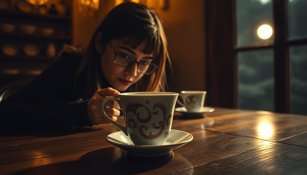 A dimly lit café, the air filled with the aroma of freshly brewed kahve. In the center of the table, a porcelain cup sits invitingly, its surface rippling with the telltale patterns of a fortune-telling ritual. The user, Nebahat Özge Tan, leans in, her gaze transfixed by the hypnotic swirls, searching for the elusive crescent moon that will reveal the secrets of her love life. The room is bathed in a warm, golden light, creating a sense of introspection and mystery. The background is hazy, with the faint outline of a window overlooking a moonlit landscape, adding to the dreamlike atmosphere. The overall mood is one of contemplation, anticipation, and the promise of a deeper connection to the unseen world.