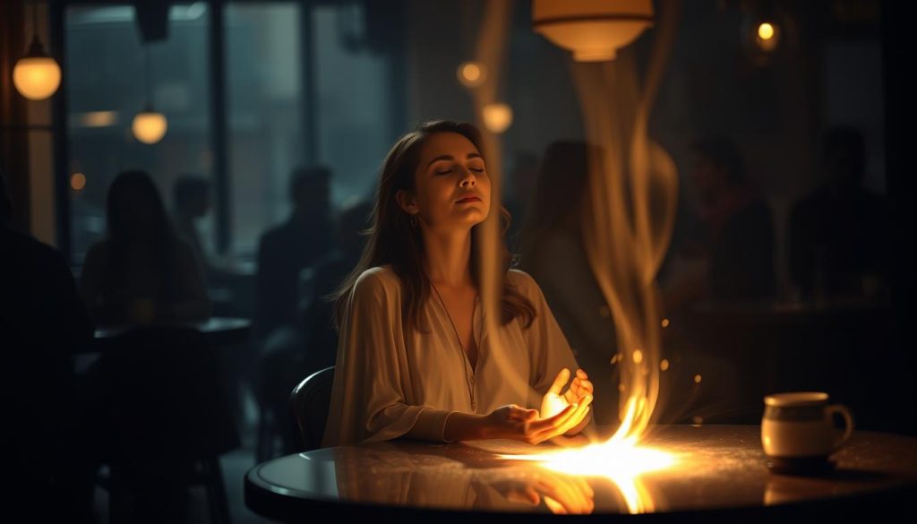 A dimly lit cafe, the air heavy with the aroma of freshly brewed coffee. At the center of the scene, a woman in a flowing, ethereal dress sits at a table, her eyes closed in deep contemplation. Streams of soft, golden light emanate from her hands, casting a warm glow across the room. The background is hazy, with blurred silhouettes of other patrons, creating a sense of intimacy and introspection. This is the "Işık Sembolü Yaklaşımı" of fal expert Nebahat Özge Tan, where the light represents the illumination of the soul and the unveiling of hidden truths. The image captures the essence of this mystical and transformative experience.