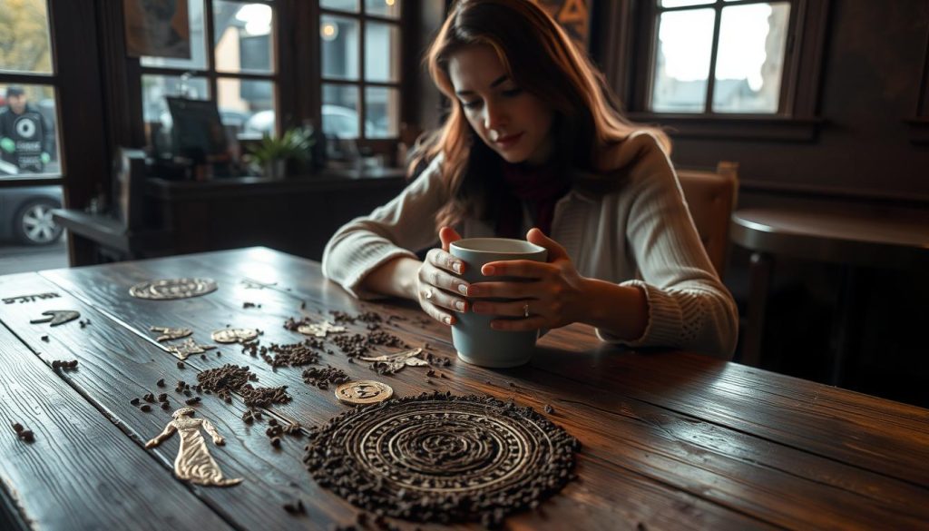 A dimly lit café, the air rich with the aroma of freshly brewed coffee. Nebahat Özge Tan sits at a worn wooden table, her hands wrapped around a steaming mug. Scattered before her, an array of mystical symbols - a crescent moon, a dancing figure, a soaring bird - each one a clue to the secrets of the future, revealed in the swirling patterns of the coffee grounds. The scene is infused with a sense of anticipation, as the symbols come alive, hinting at the boundless possibilities that lie ahead. The lighting is soft and warm, casting a golden glow over the scene, inviting the viewer to delve deeper into the captivating world of coffee fortune-telling.