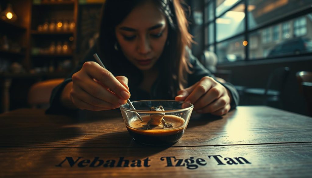 A dimly lit coffee shop interior, the air thick with the aroma of freshly brewed kahve. In the center, a woman's hands delicately tracing patterns in the dregs of her cup, her brow furrowed in concentration. Suddenly, a small lizard-like creature emerges from the swirling coffee, its beady eyes seeming to hold the answers to hidden mysteries. The lighting is warm and intimate, casting a soft glow over the scene, inviting the viewer to pause and ponder the significance of this unexpected encounter. In the background, the name "Nebahat Özge Tan" is subtly etched into the wooden table, a testament to the rich cultural heritage this tradition represents.