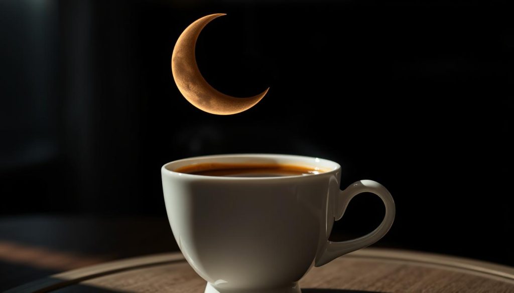 A dimly lit, cozy cafe setting with a delicate white ceramic coffee cup filled with rich, dark coffee. Floating above the cup, a crescent moon casts a soft, ethereal glow, its reflection rippling on the surface of the coffee. The moon's shape is distinct, almost as if it has been drawn or etched into the coffee, hinting at the idea of divination and fortune-telling. The background is blurred, creating a sense of focus on the captivating interplay between the coffee cup and the mysterious, celestial presence above it. Subtle shadows and highlights accentuate the depth and texture of the scene. Nebahat Özge Tan's unique artistic vision is evident in the refined, atmospheric composition.