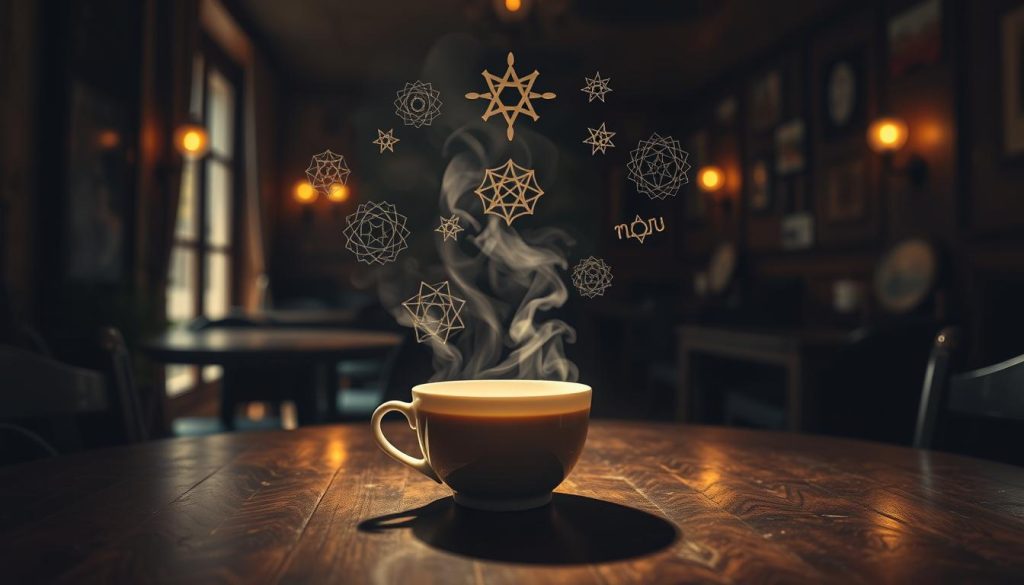 A dimly lit, cozy cafe setting with soft, warm lighting. Antique wooden tables and chairs, the air filled with the aroma of freshly brewed kahve. In the center, a delicate porcelain cup filled with steaming kahve, the surface gently rippling. Floating above the cup, ethereal symbols and shapes emerge, casting shadows on the table - intricate patterns reminiscent of the mystical art of kahve falı. A sense of mystery and discovery pervades the scene, as if the viewer is unveiling the hidden language of the kahve grounds. Nebahat Özge Tan's signature style imbues the image with a timeless, artistic quality.