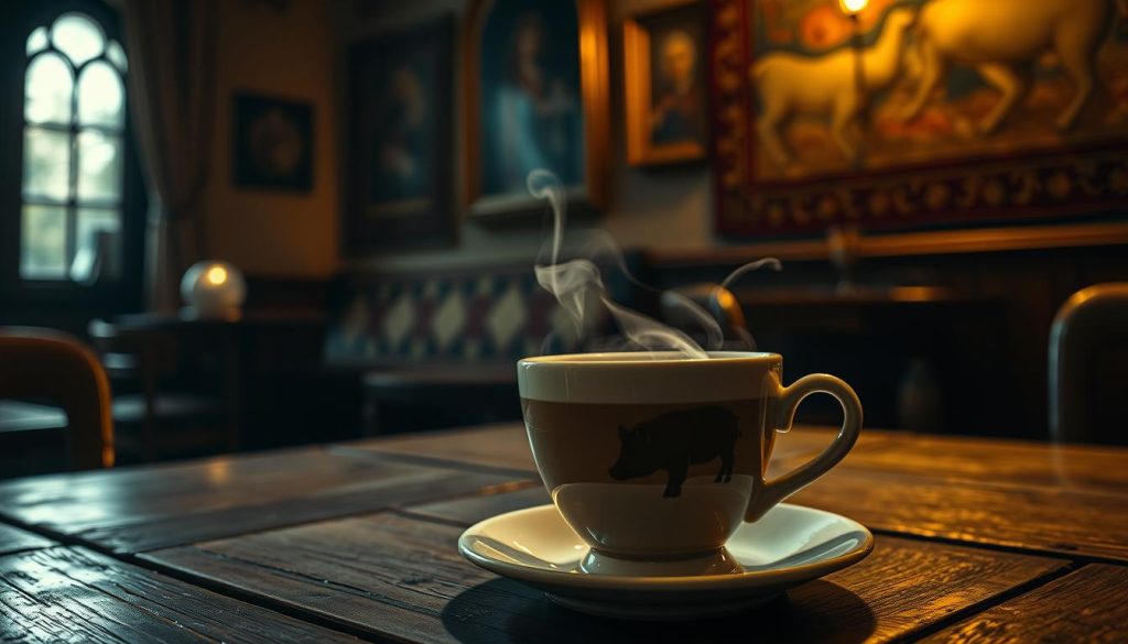 A dimly lit, cozy café setting with warm, golden lighting filtering through the windows. In the foreground, a delicate porcelain coffee cup sits on a weathered wooden table, steam gently rising from the rich, aromatic brew. Reflected in the surface of the coffee, a ghostly, ethereal image of a pig emerges, its features hazy and enigmatic. The walls are adorned with framed artwork and tapestries, creating a sense of timeless, old-world charm. The mood is contemplative, mysterious, and rife with the promise of hidden insights, as if the coffee grounds hold the key to unlocking a deeper understanding. A label in the corner reads "Nebahat Özge Tan", adding an air of authenticity to the scene.