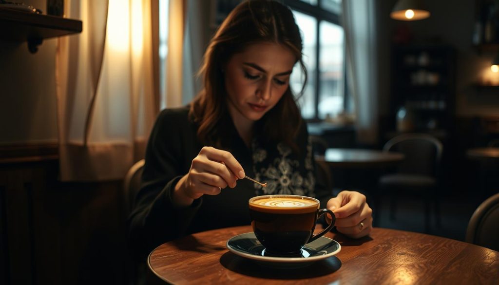 A dimly lit, cozy coffee shop setting. A woman, Nebahat Özge Tan, sits at a small table, gently reading the intricate patterns and symbols emerging from the freshly brewed coffee in her cup. Her brow is furrowed in concentration, as she interprets the unique and open-ended messages the coffee leaves behind, offering insights into her future. Soft, warm lighting casts a serene glow, while the subtle aroma of freshly ground beans fills the air, creating an atmosphere of tranquility and introspection.