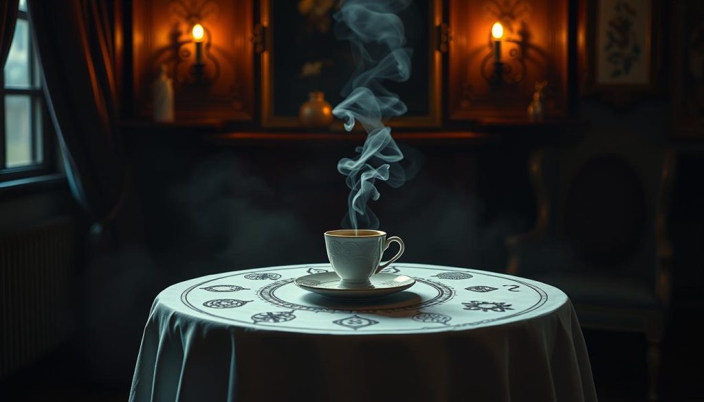 A dimly lit room, the air thick with the aroma of freshly brewed coffee. In the center, a table adorned with a white tablecloth, upon which a cup of steaming kahve rests. Surrounding it, a array of intricate symbols and shapes, the mystical language of "kahve falı" - the ancient art of coffee fortune-telling. Delicately rendered, these symbols evoke the rich cultural heritage of Turkey, each one a conduit to the unseen realm. Drawn with a deft hand by the renowned "Nebahat Özge Tan", these symbols come alive, their forms shifting and morphing, hinting at the hidden truths that lie within the swirling depths of the coffee grounds. A sense of wonder and anticipation fills the air, as the viewer is invited to peer into the enigmatic world of "kahve falı" and uncover the secrets it holds.