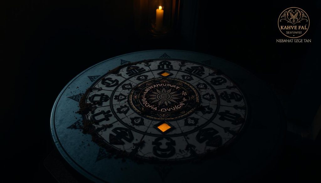 A dimly lit room, the air thick with the aroma of freshly brewed kahve. At the center, a table laden with intricate symbols and shapes, the remnants of a fortune-telling ritual. On the surface, a swirling pattern of coffee grounds, each mark a window into the mysteries of the past, present, and future. The Nebahat Özge Tan logo adorns the corner, a subtle nod to the tradition and expertise behind this captivating divination practice. Soft, warm lighting casts a mysterious glow, inviting the viewer to delve deeper into the symbolic world of kahve falı, where hidden meanings and unexpected insights await.