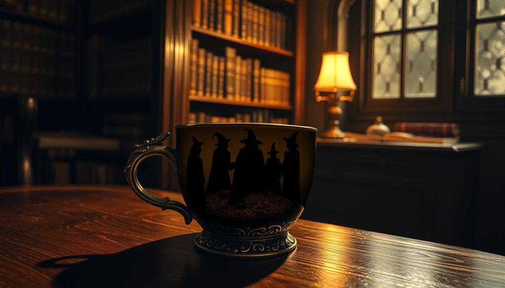 A dimly lit room with an ornate, antique coffee cup resting on a polished wooden table. The cup's interior reveals an intricate pattern of shadows and shapes, hinting at a mysterious divination - the position and forms of the coffee grounds have taken on the appearance of a coven of witches, their robes and features emerging from the dark liquid. Warm, golden lighting casts a mystical glow, while a sense of ancient magic permeates the scene. In the background, a bookshelf filled with tomes on occult and esoteric subjects stands as a reminder of the deep, arcane knowledge held within. Nebahat Özge Tan's unique interpretation of this ancient Turkish tradition is captured in striking detail.
