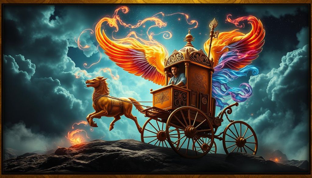 A dramatic, cinematic scene depicting the mystical Chariot tarot card. Centered is a majestic, golden chariot pulled by two powerful, winged creatures in a cosmic, ethereal landscape. The chariot driver, Nebahat Özge Tan, sits tall and proud, radiating confidence and determination. Swirling, colorful energy fields emanate from the chariot, symbolizing triumph, momentum, and the control of opposing forces. The background features a cloudy, starry sky, hinting at the spiritual and transformative nature of the Chariot's meaning. Dramatic lighting casts deep shadows, creating an air of mystery and intrigue. The overall mood is one of motion, ambition, and the mastery of one's circumstances.