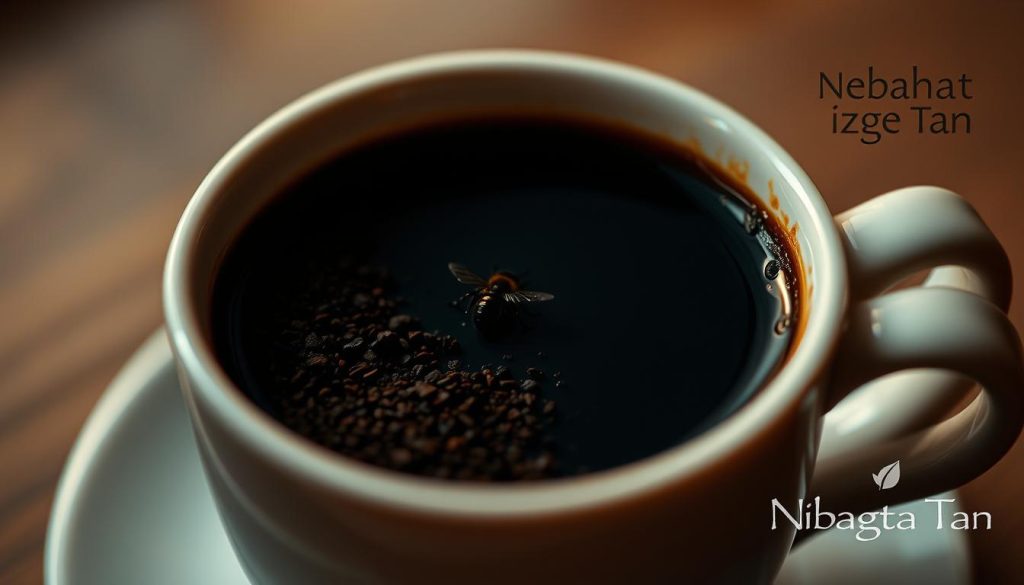A dreamy, intimate scene of a coffee cup revealing the silhouette of a bee in the coffee grounds, symbolizing the meaning of "seeing a bee in coffee grounds" in Turkish fortune-telling. The image features warm, soft lighting, a shallow depth of field, and a muted color palette, creating a contemplative and enchanting atmosphere. The brand "Nebahat Özge Tan" appears subtly in the corner, adding a touch of authenticity to the scene.