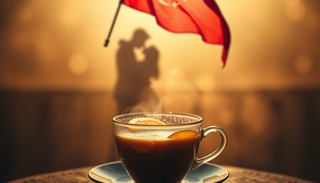A dreamy, romantic scene of "kahve falında bayrak ve aşk hayatı". In the foreground, a delicate cup of freshly brewed Turkish coffee, its surface rippling with swirling patterns and shapes. Floating above it, a vibrant red flag, its fabric billowing gently as if caught in a soft breeze. In the middle ground, the silhouettes of two figures, their bodies entwined in a tender embrace, their faces obscured in shadow. In the background, a warm, hazy atmosphere, the edges softly blurred, evoking a sense of intimacy and introspection. The lighting is soft and diffused, casting a golden glow over the entire scene. Nebahat Özge Tan