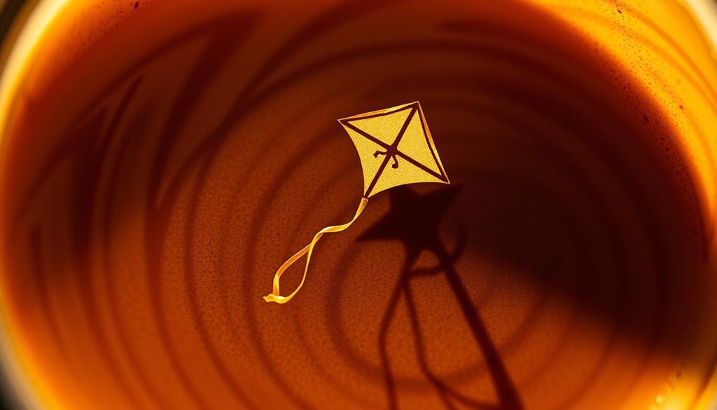 A dreamy silhouette of a kite emerges from the swirling patterns of a freshly poured cup of coffee, cast in warm, golden light. The intricate details of the kite's delicate frame and flowing tails are visible through the translucent, gossamer-like structure, as if suspended in a mystical, ethereal realm. The scene evokes a sense of wonder and anticipation, inviting the viewer to interpret the symbolic meaning of the kite's presence within the coffee grounds. Nebahat Özge Tan