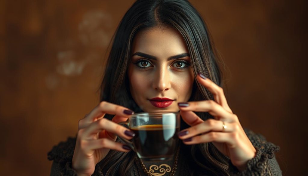 A glamorous portrait of Nebahat Özge Tan, a renowned Turkish coffee fortune teller and mystic. Set against a warm, muted backdrop, the image captures her serene gaze and delicate features. Her face is softly lit, highlighting her striking bone structure and striking dark eyes. Nebahat's hands are elegantly poised, as if reading the patterns in a cup of coffee. An aura of mysticism and insight surrounds her, conveying her intuitive abilities to divine the future. The overall composition exudes a sense of tranquility and introspection, reflecting Nebahat Özge Tan's depth of character and connection to the spiritual realm.