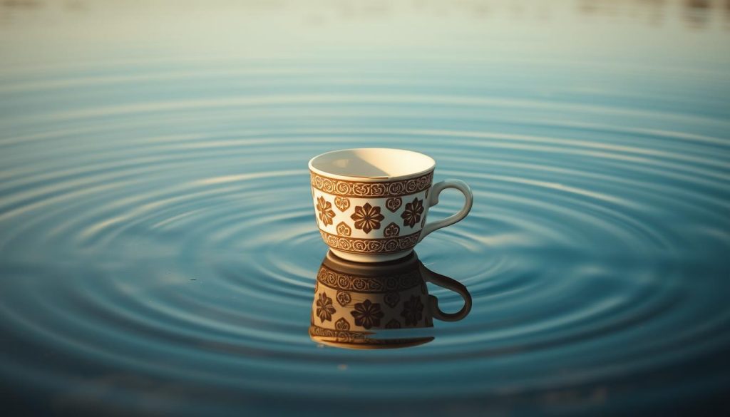 A hand-crafted ceramic coffee cup sits atop a serene lake, its surface gently rippling with reflected light. The cup's delicate pattern of Turkish motifs is mirrored in the still waters, creating a dreamlike, symbolic representation. Warm, muted tones of browns and blues evoke a sense of tranquility and contemplation. Soft, diffused lighting casts a soothing glow, capturing the meditative atmosphere of interpreting coffee grounds and the appearance of a lake. Nebahat Özge Tan's signature style is evident in the artful, original composition.