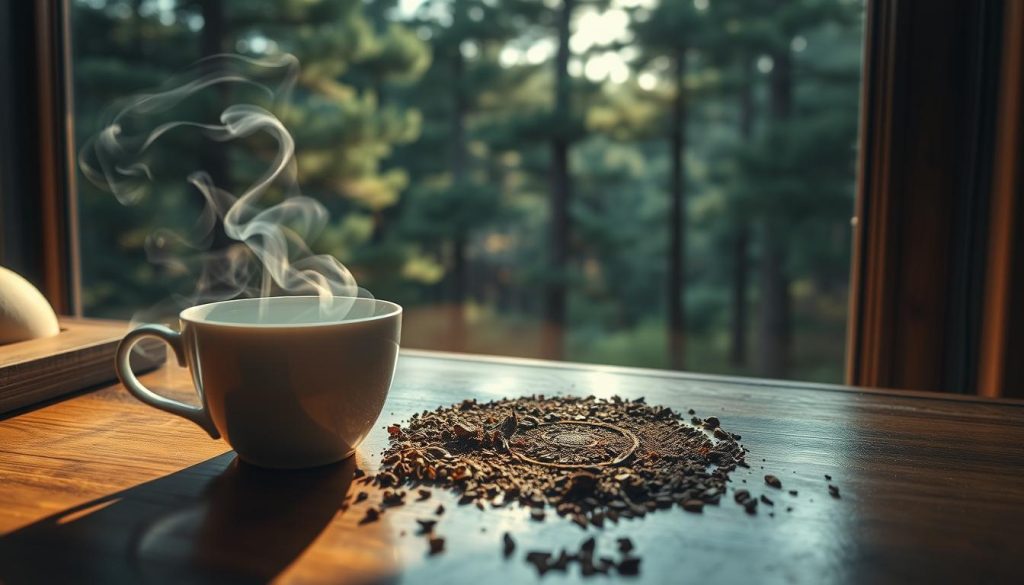 A hauntingly beautiful scene of a mystical "kahve falı" (Turkish coffee fortune-telling) unfolds. In the foreground, a delicate porcelain cup rests on a polished wooden table, the remnants of dark, aromatic coffee leaves swirling like wisps of smoke. Sunlight filters through the window, casting a warm, golden glow upon the scene. In the middle ground, a hand gracefully traces the intricate patterns left by the coffee grounds, seeking to uncover the hidden meanings within. The background reveals a lush, verdant forest of towering pine trees, their branches swaying gently, as if whispering the secrets of the ages. The mood is one of introspection and wonder, inviting the viewer to explore the enigmatic world of "kahve falı" and its symbolic language. Nebahat Özge Tan's unique interpretation of this timeless tradition.