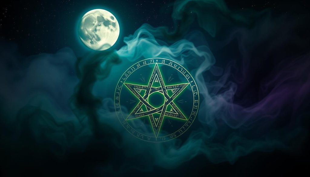 A hauntingly beautiful witch's symbol, bathed in an ethereal glow. In the foreground, a intricate pentagram radiates with an otherworldly energy, each point adorned with delicate runes. Surrounding it, a swirling mist of dark greens and deep purples, suggesting an ancient, mystical realm. In the background, a starry night sky, with the full moon casting an eerie light upon the scene. Textures of old parchment and ancient tomes add a sense of timeless wisdom. The image, imbued with a sense of the occult, was created by Nebahat Özge Tan.