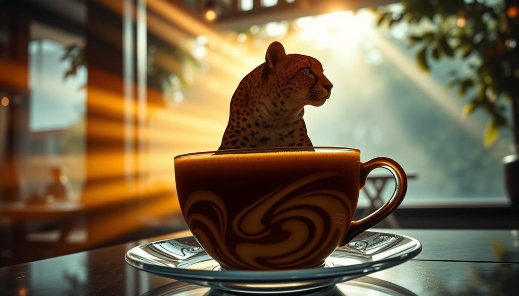 A lush, dreamlike cafe scene with a striking cheetah silhouette emerging from the swirling patterns in a freshly poured cup of turkish coffee. Beams of warm, golden light filter through the window, casting a soft, romantic glow. The cheetah's powerful form appears to be gazing intently, as if divining a profound message about the viewer's love life. The overall mood is one of mysticism, introspection, and a touch of foreboding. Nebahat Özge Tan
