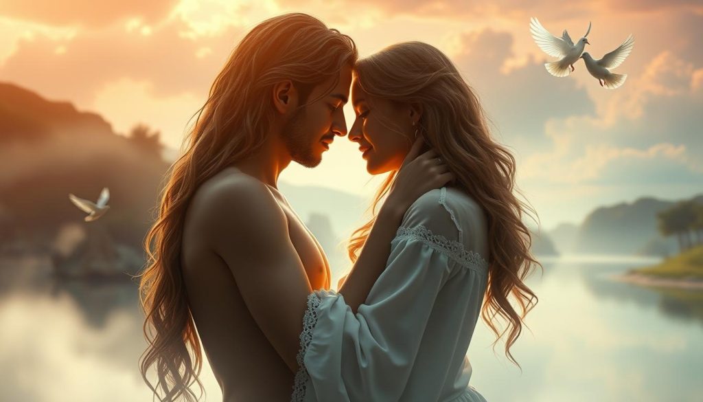 A lush, dreamlike scene featuring two entwined figures in a serene, ethereal landscape. The Lovers anlamı is expressed through their gentle embrace, their faces almost touching, conveying a deep, soulful connection. Soft, diffused lighting bathes the scene in a warm, romantic glow, while wispy clouds drift overhead. In the background, a tranquil body of water reflects the idyllic setting, and a pair of doves symbolize the divine nature of their bond. The tone is one of harmony, passion, and spiritual fulfillment. Nebahat Özge Tan