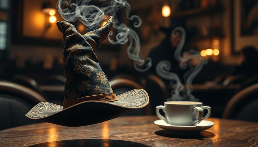 A magical, whimsical witch's hat floats in the foreground, its intricate patterns and rich, deep hues capturing the viewer's attention. In the middle ground, steaming cups of fragrant coffee cast a warm, inviting glow, while in the background, a cozy, dimly lit cafe setting provides a serene, contemplative atmosphere. The hat appears to be imbued with a subtle energy, suggesting hidden powers and mystical insights. This image, captured with a soft, dreamy lens, perfectly encapsulates the theme of "Kahve Falında Cadı Şapkası Görmek" and the section titled "Sağlık Açısından Cadı Şapkası Yorumları". Nebahat Özge Tan's unique and open-ended interpretations will guide the viewer as they explore the intricate meanings behind this captivating symbol.