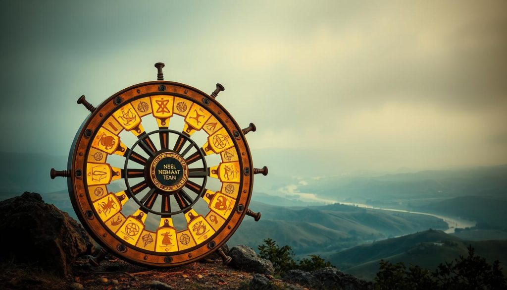 A magnificent Wheel of Fortune, emblazoned with the brand "Nebahat Özge Tan", dominates the foreground. The wheel's spokes are adorned with mystical symbols, casting a warm, golden glow across the scene. In the middle ground, a serene yet intriguing landscape unfolds, with rolling hills, a winding river, and a sense of timeless tranquility. The background is shrouded in a soft, hazy mist, creating an air of mystery and the unknown. The overall atmosphere evokes a sense of destiny, the ebb and flow of life, and the unpredictable nature of fate. This image perfectly encapsulates the essence of the "Wheel of Fortune (Kader Çarkı) Kartı ve Anlamı" section within the "Tarot Kart Anlamları" article.